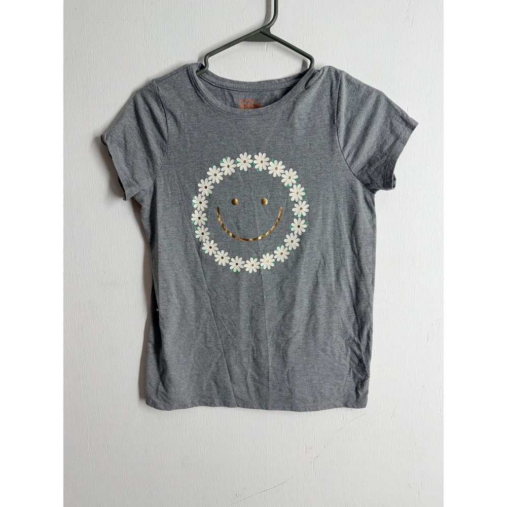 Cat & Jack Girls Gray Daisy Smiley Face Graphic Tee Shirt XL 14 Gold Foil